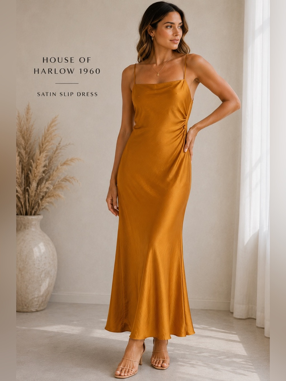 House of Harlow 1960 Satin Slip Maxi Dress in Mustard Gold Sz Small